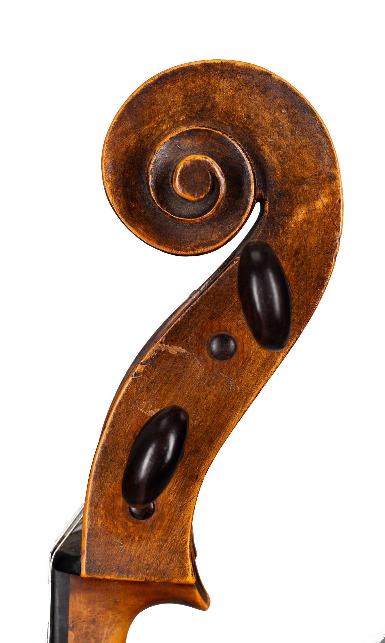 Cello by Matthias Klotz (II), Mittenwald, 1771 — scroll