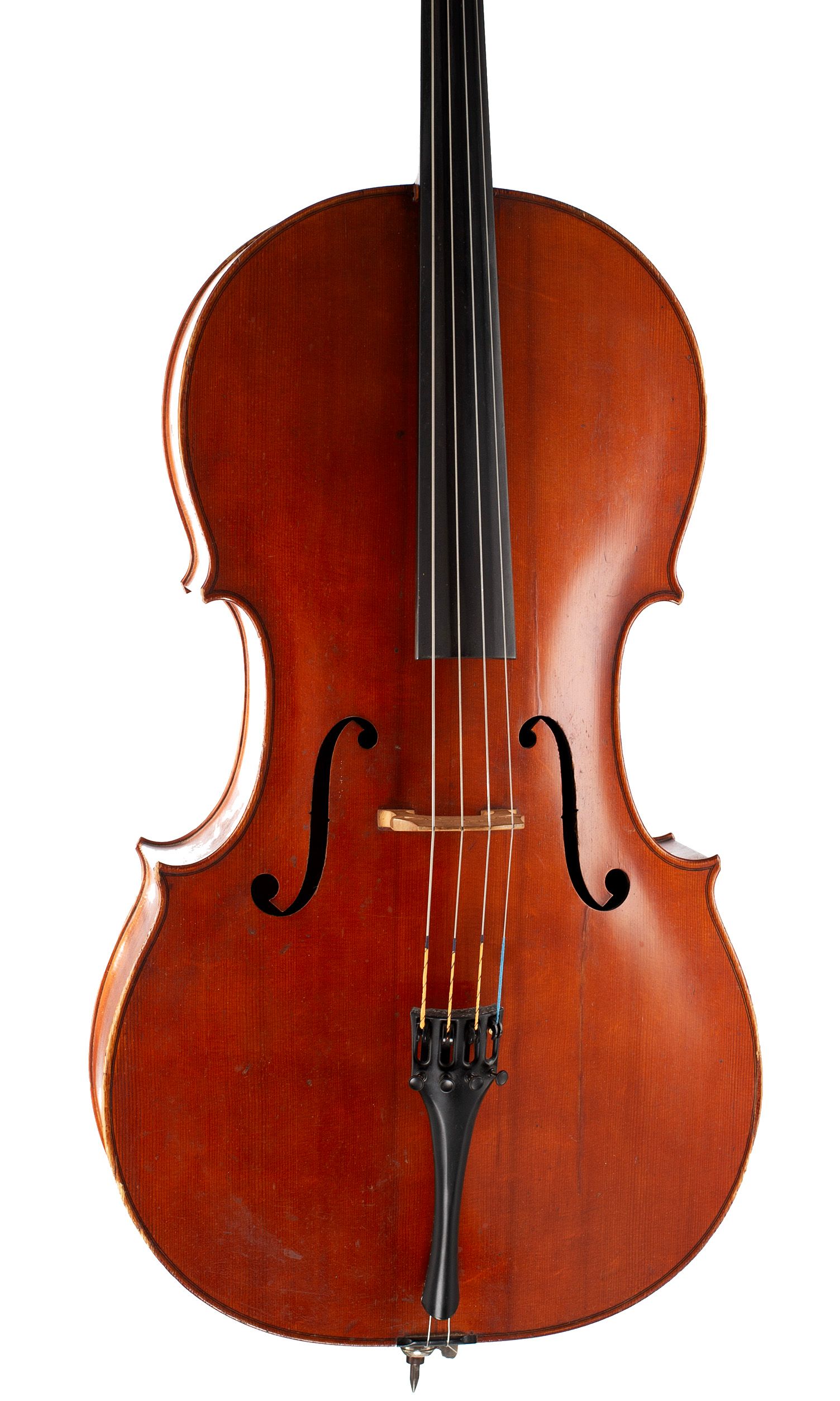 Cello by Percy Lee, London, 1923 — angled view, 10°