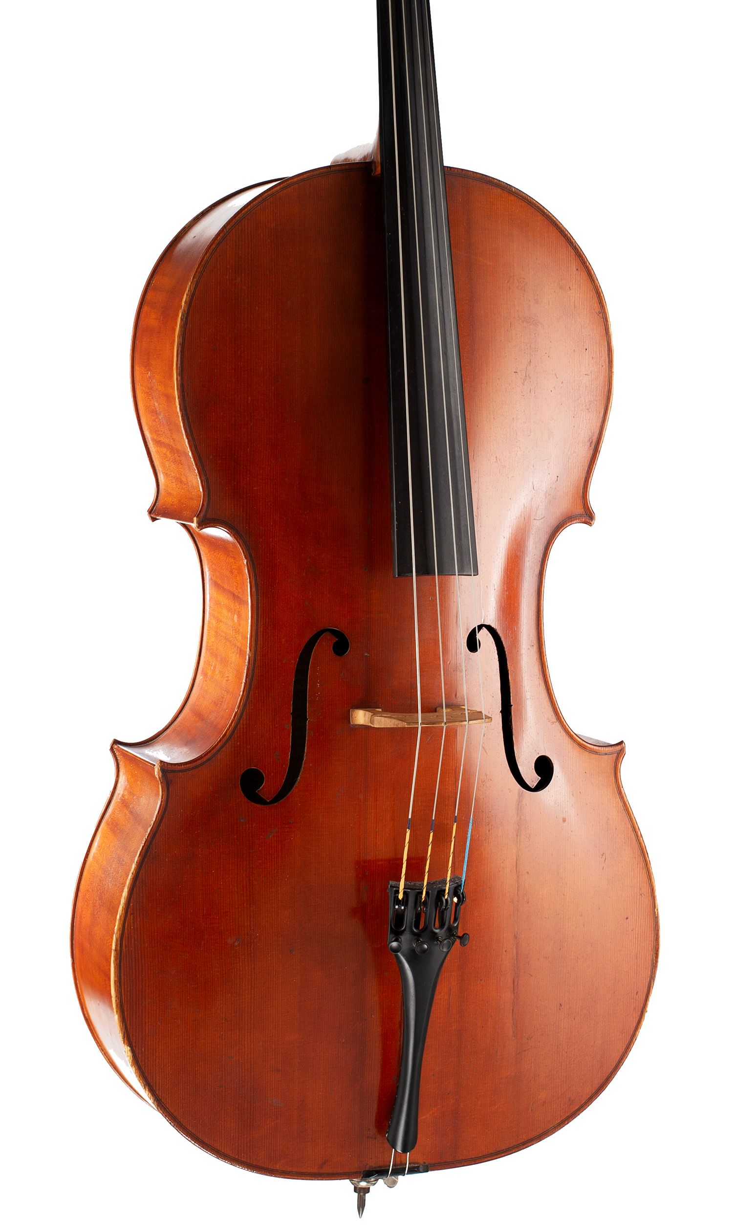 Cello by Percy Lee, London, 1923 — angled view, 20°