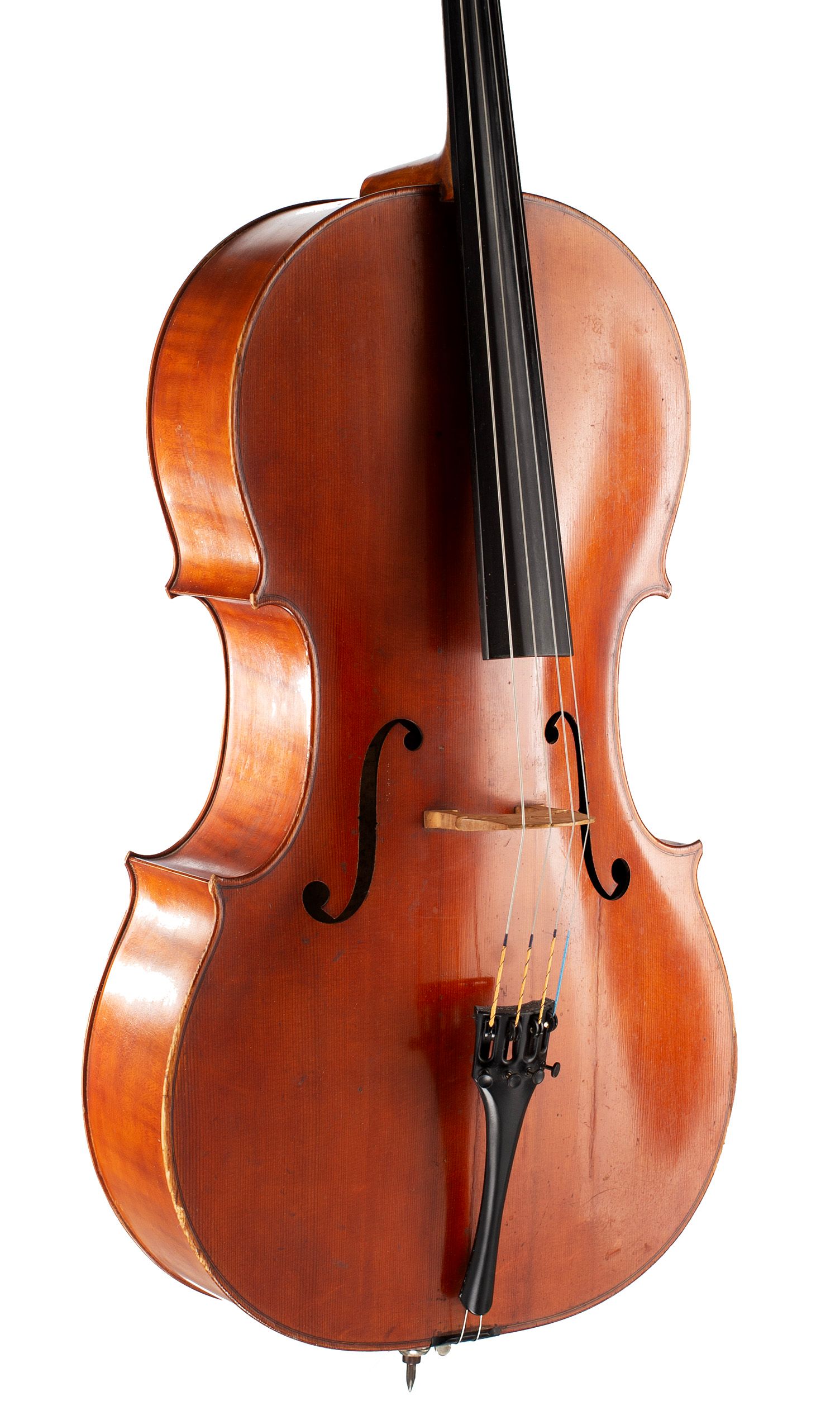 Cello by Percy Lee, London, 1923 — angled view, 30°