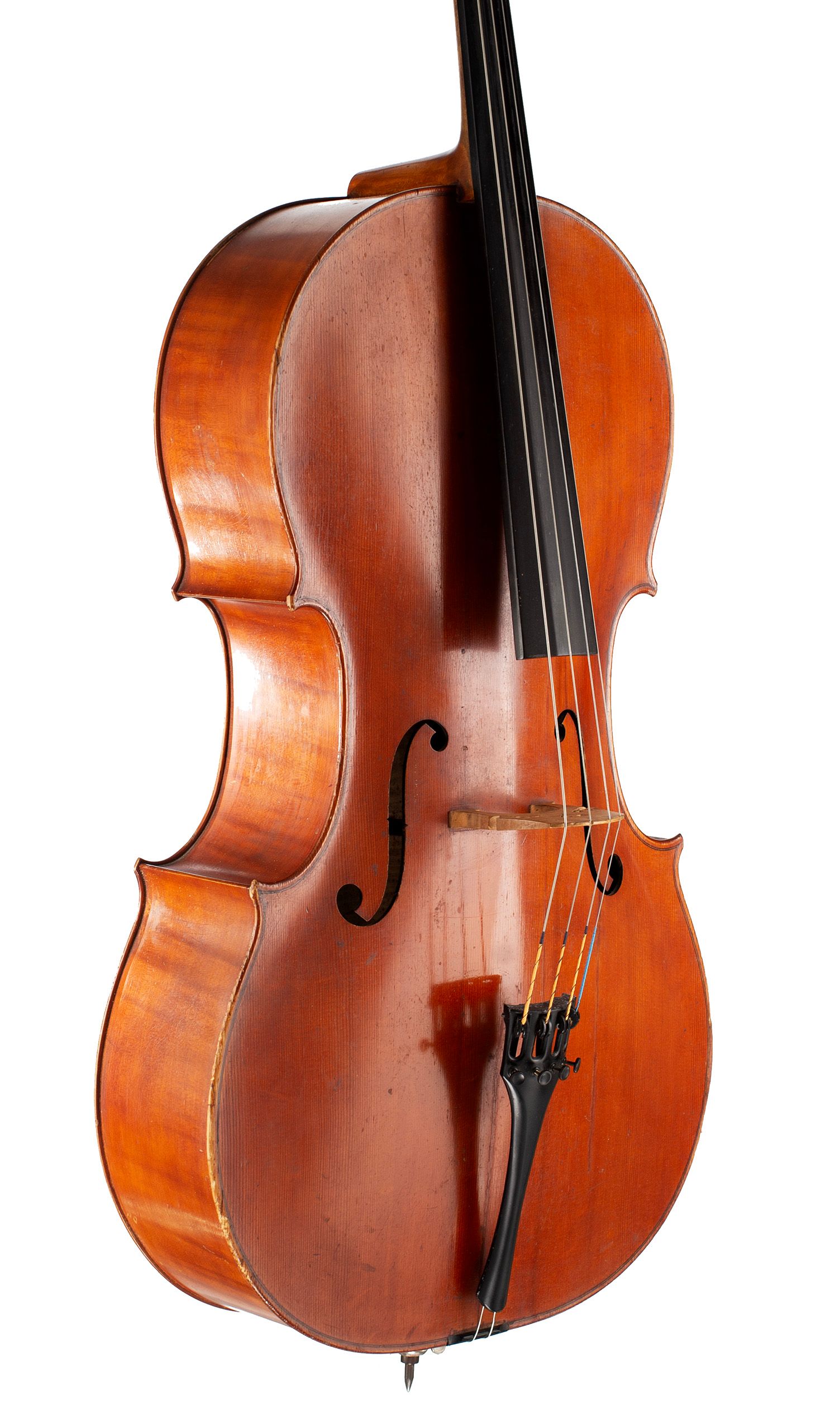 Cello by Percy Lee, London, 1923 — angled view, 40°