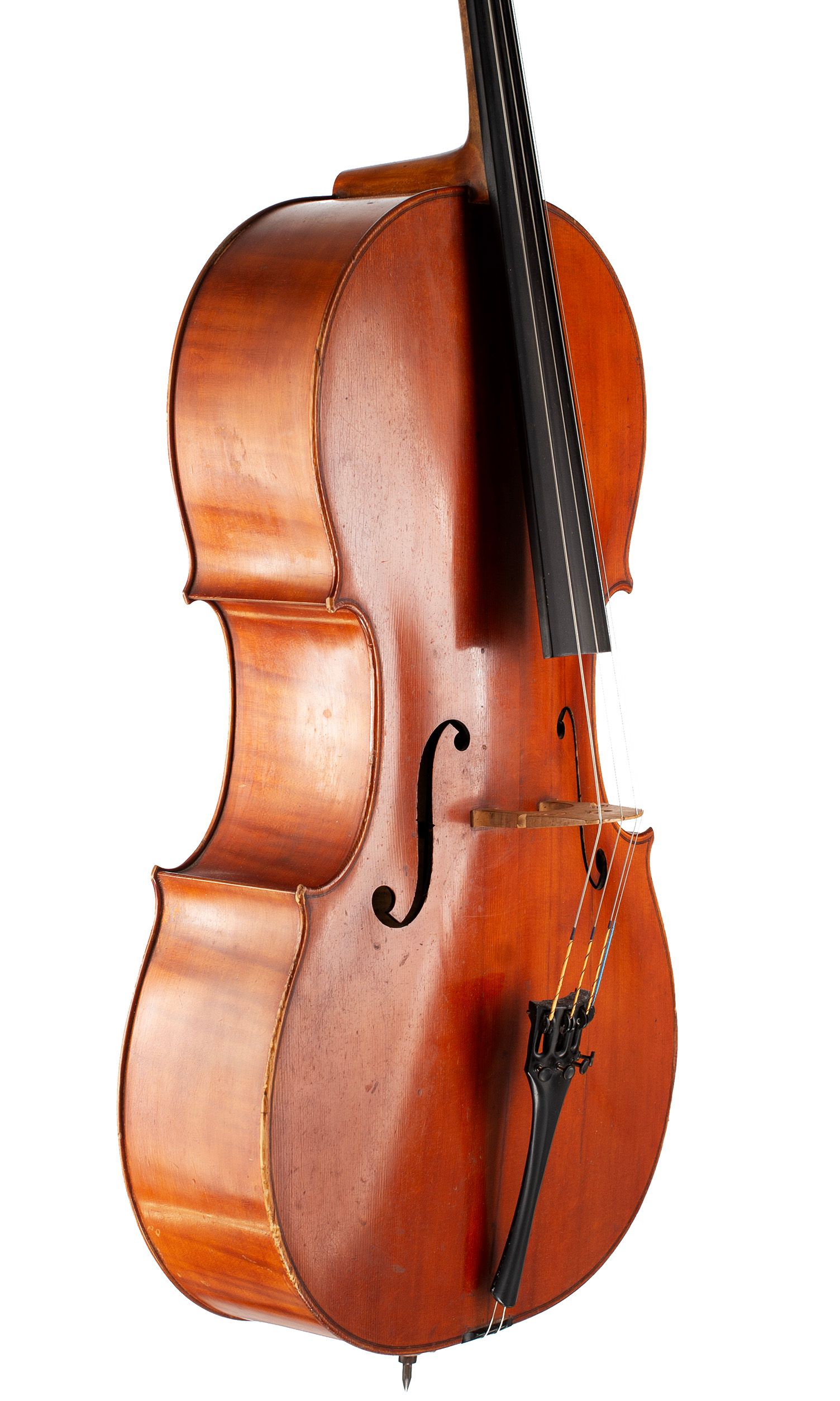 Cello by Percy Lee, London, 1923 — angled view, 50°