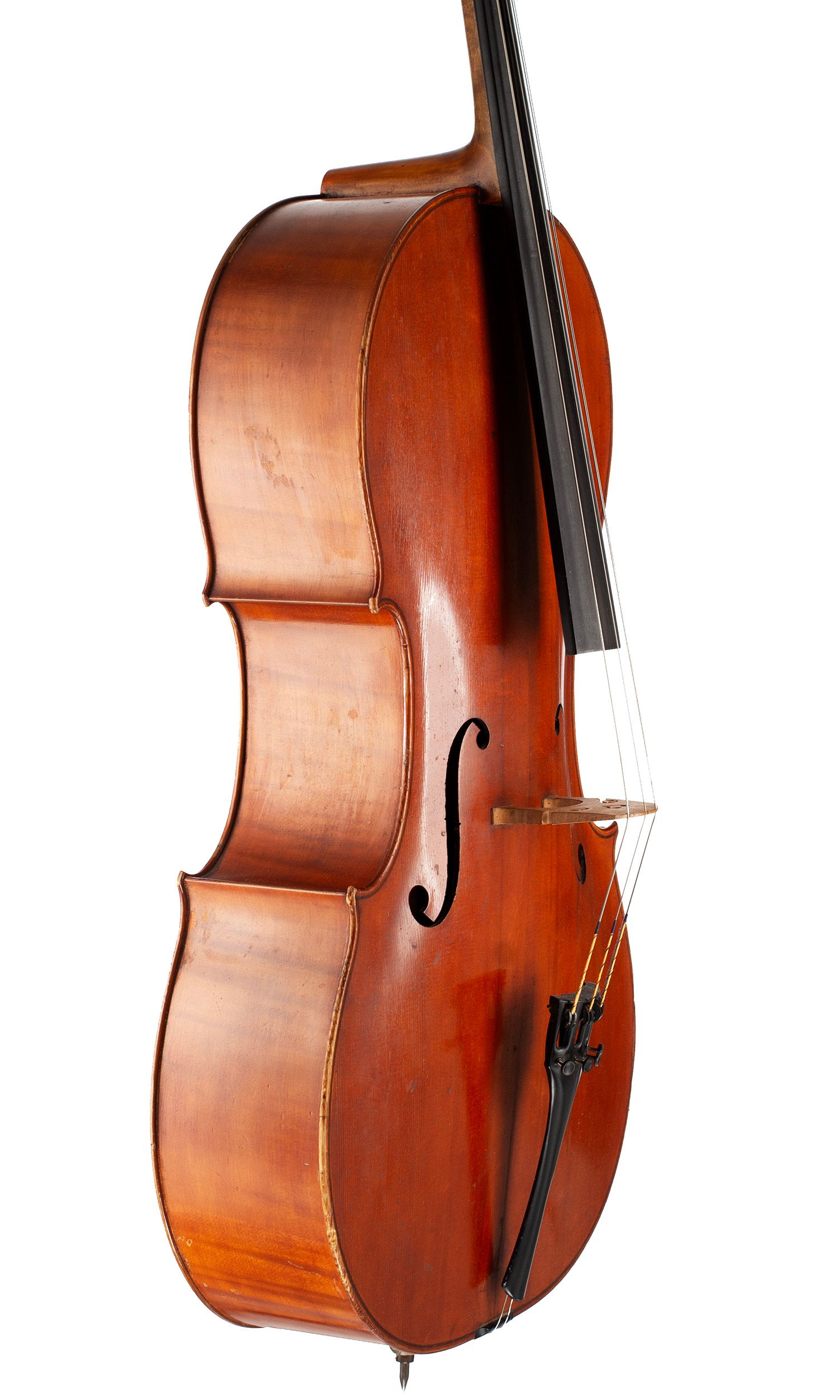 Cello by Percy Lee, London, 1923 — angled view, 60°