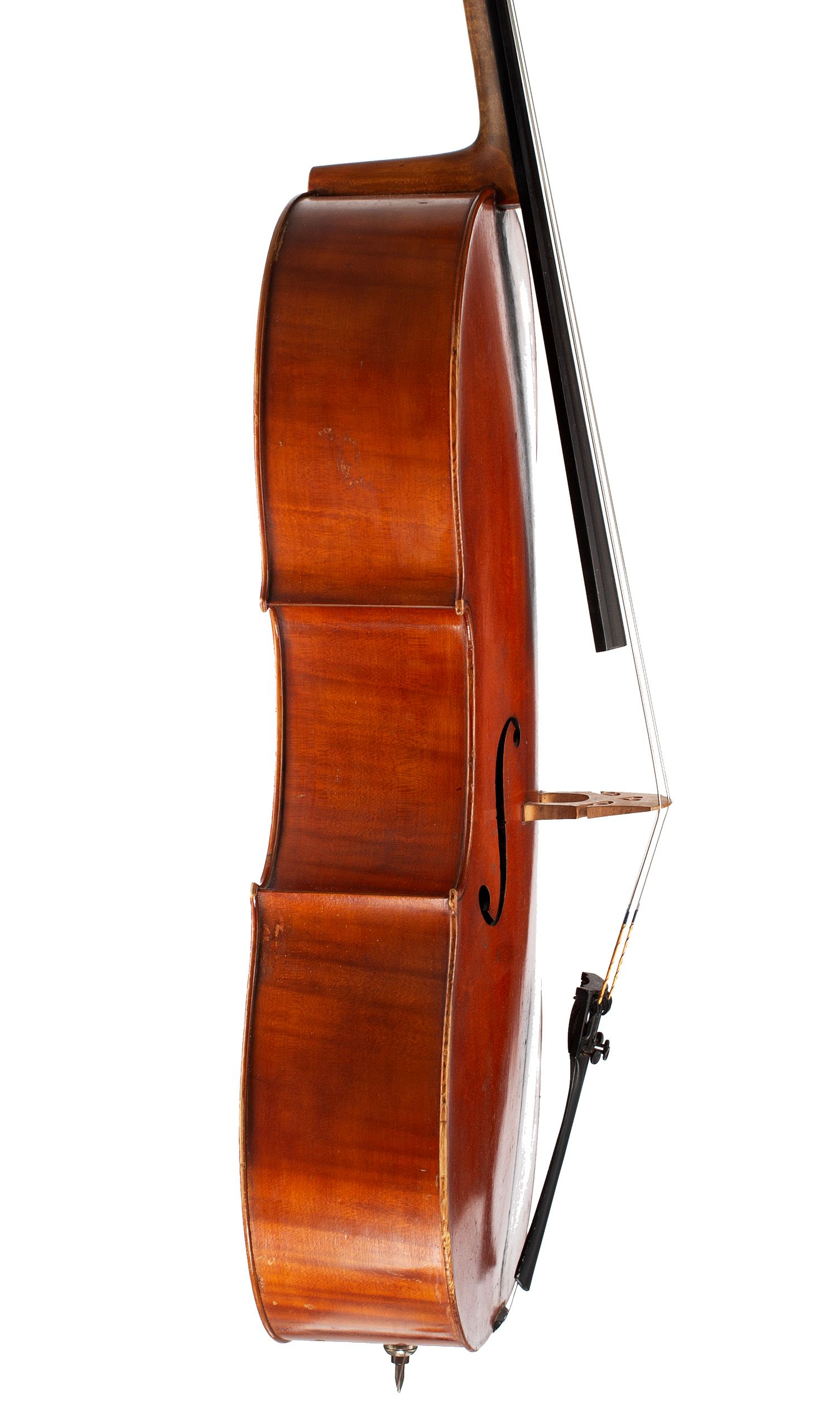 Cello by Percy Lee, London, 1923 — angled view, 80°