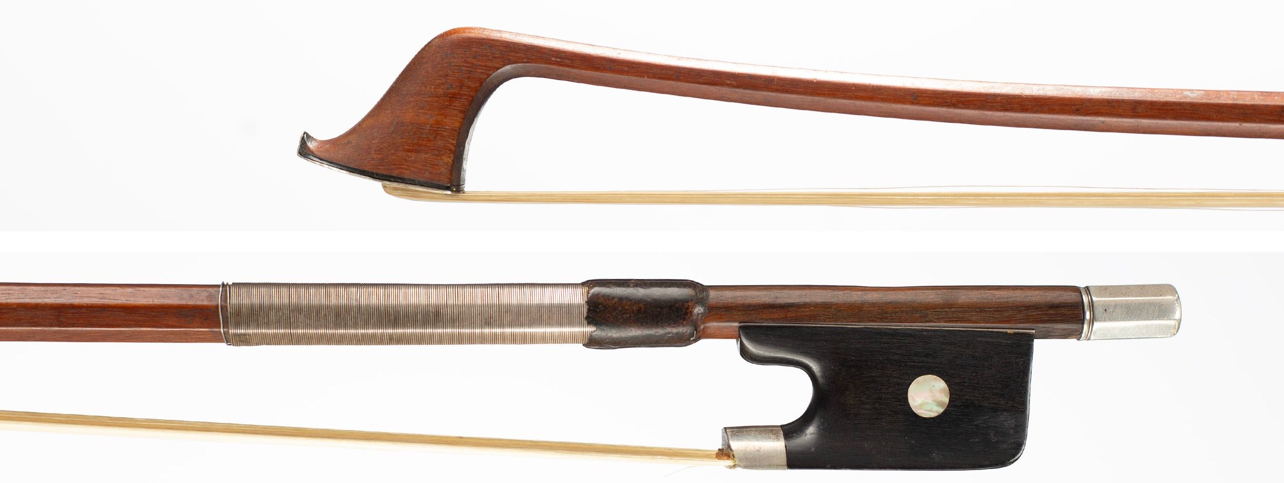 A silver-mounted cello bow by August Weichold, Dresden — head and frog