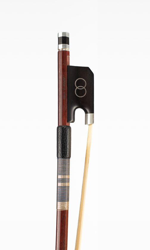 A silver-mounted cello bow by John Stagg, Bristol — frog detail