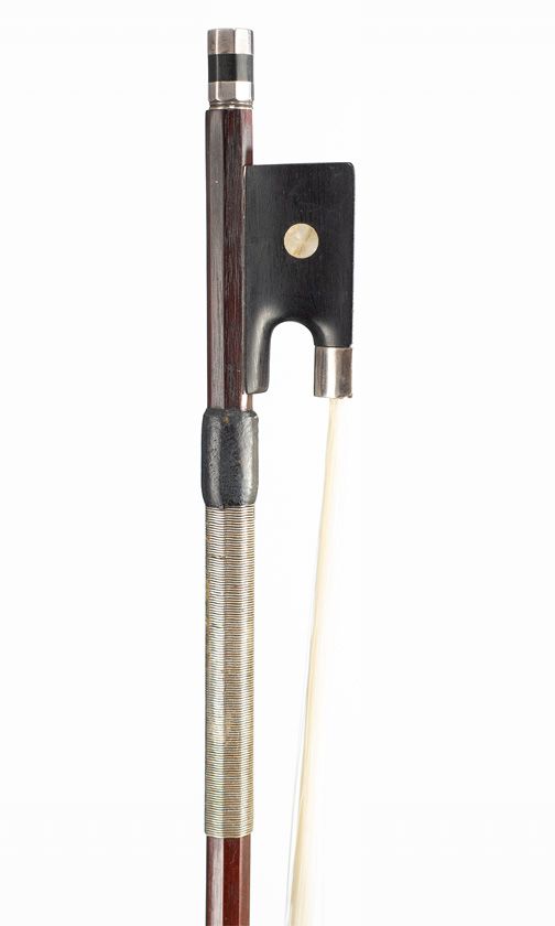 A silver-mounted violin bow by J. Byrom — frog detail