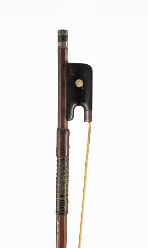 A silver-mounted cello bow by Albin Hums, Germany — frog detail