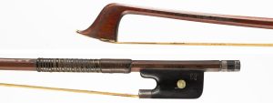 A silver-mounted cello bow by Albin Hums, Germany — head and frog