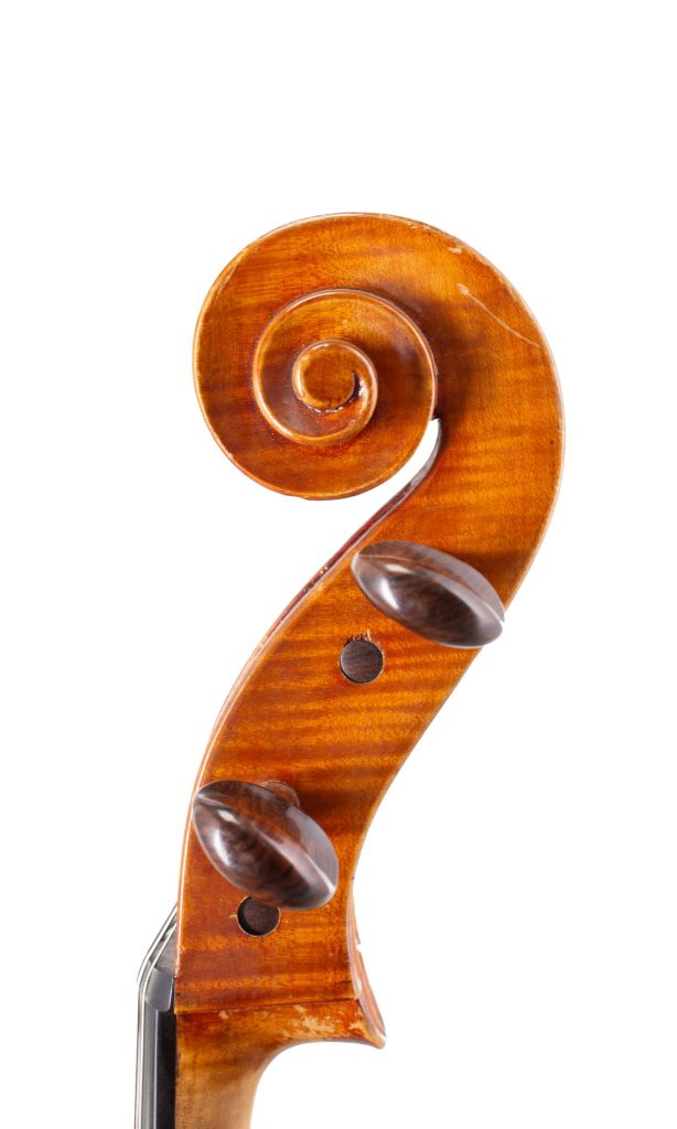 Cello by G. B. Morassi, Cremona, 1972 — scroll