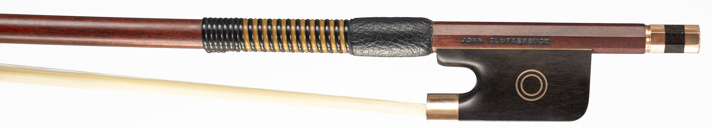 A gold-mounted cello bow by John Clutterbuck, Bicester, circa 1970 — frog