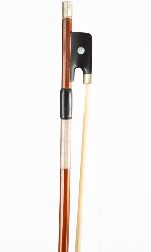 A nickel-mounted violin bow by Eugene Brouillier, Mirecourt, early 20th Century — frog detail