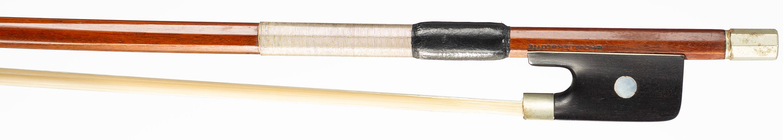 A nickel-mounted violin bow by Eugene Brouillier, Mirecourt, early 20th Century — frog
