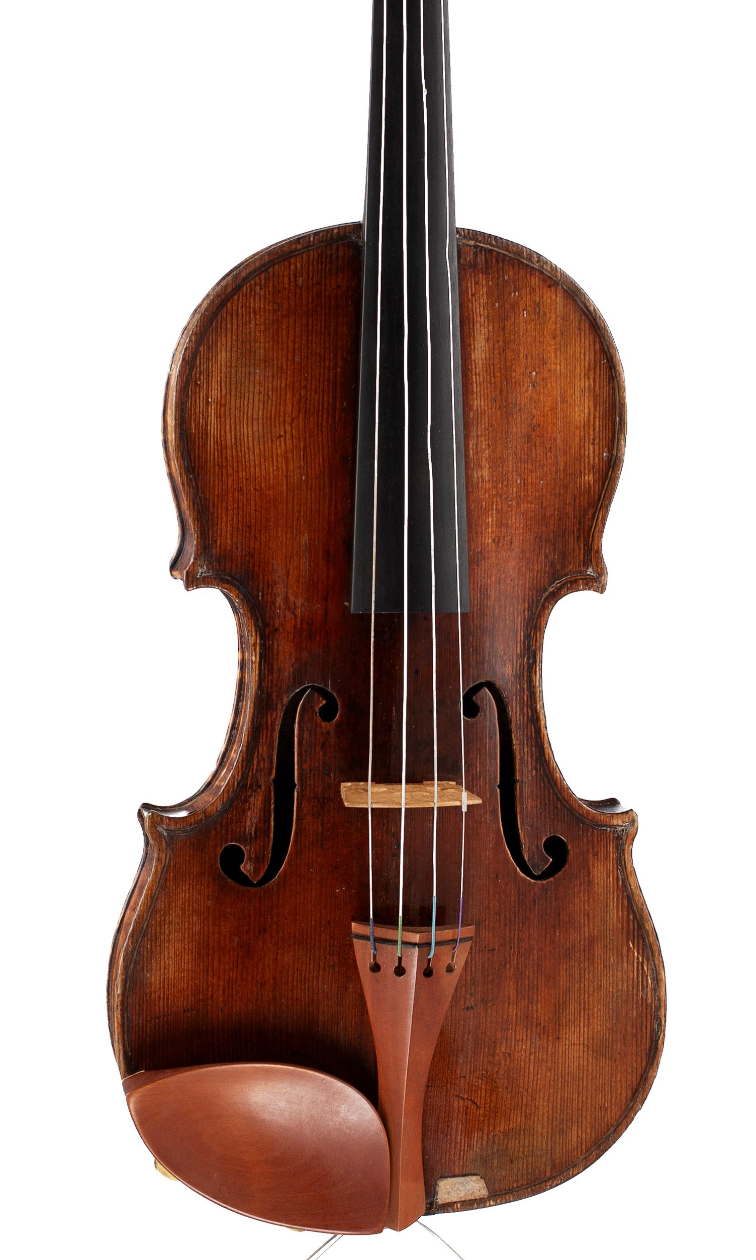 A violin by a member of the Guarneri family, ascribed to Giuseppe Filius and Giuseppe Del Gesu, Cremona, circa 1720 — angled view, 10°