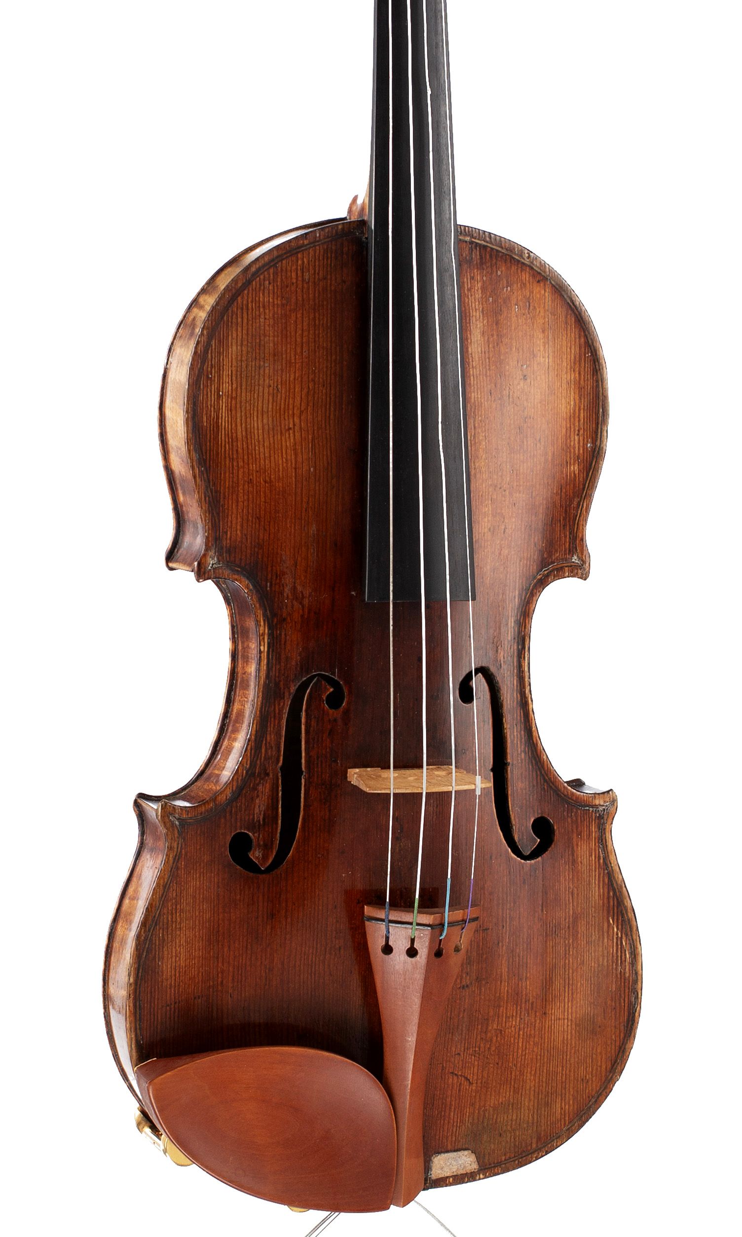 A violin by a member of the Guarneri family, ascribed to Giuseppe Filius and Giuseppe Del Gesu, Cremona, circa 1720 — angled view, 20°