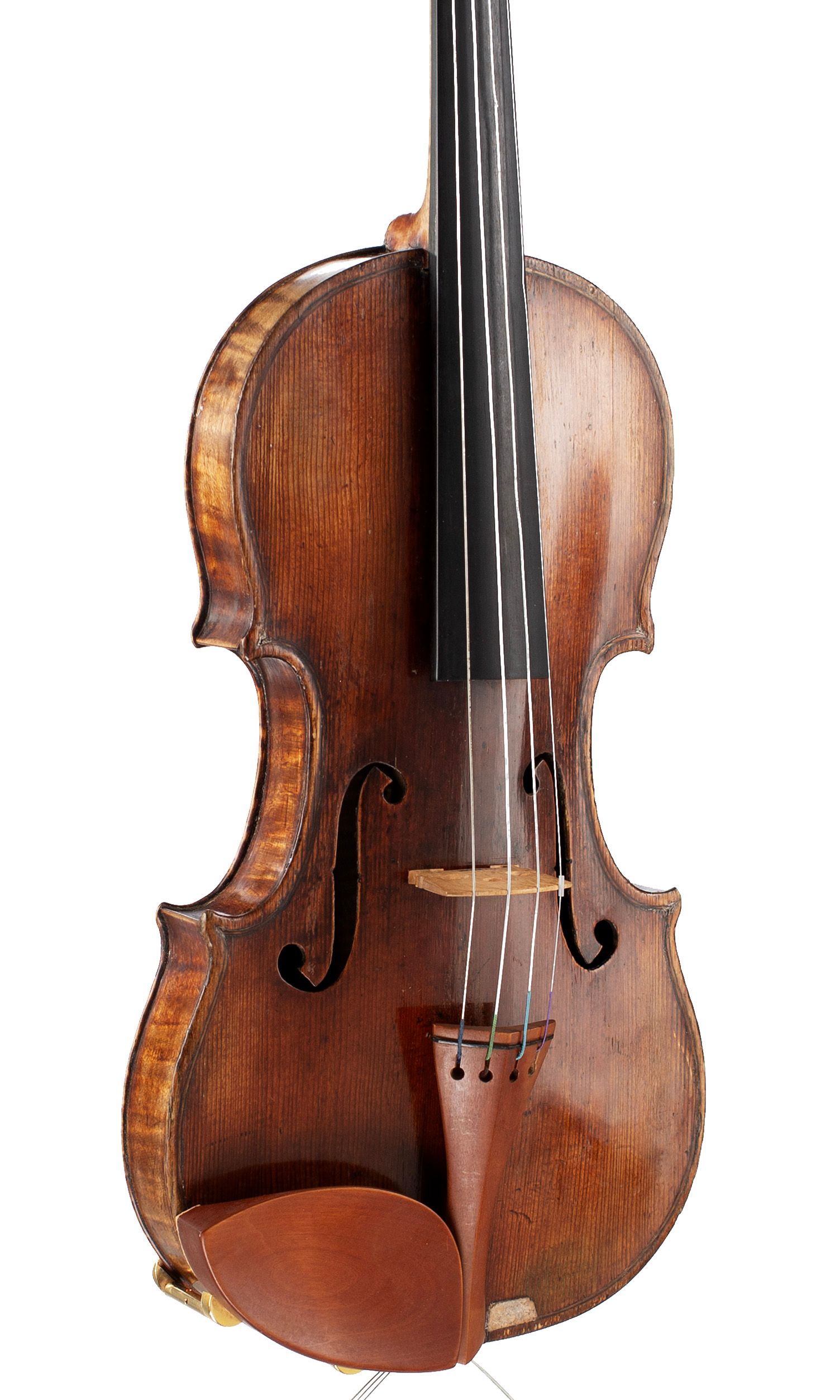 A violin by a member of the Guarneri family, ascribed to Giuseppe Filius and Giuseppe Del Gesu, Cremona, circa 1720 — angled view, 30°