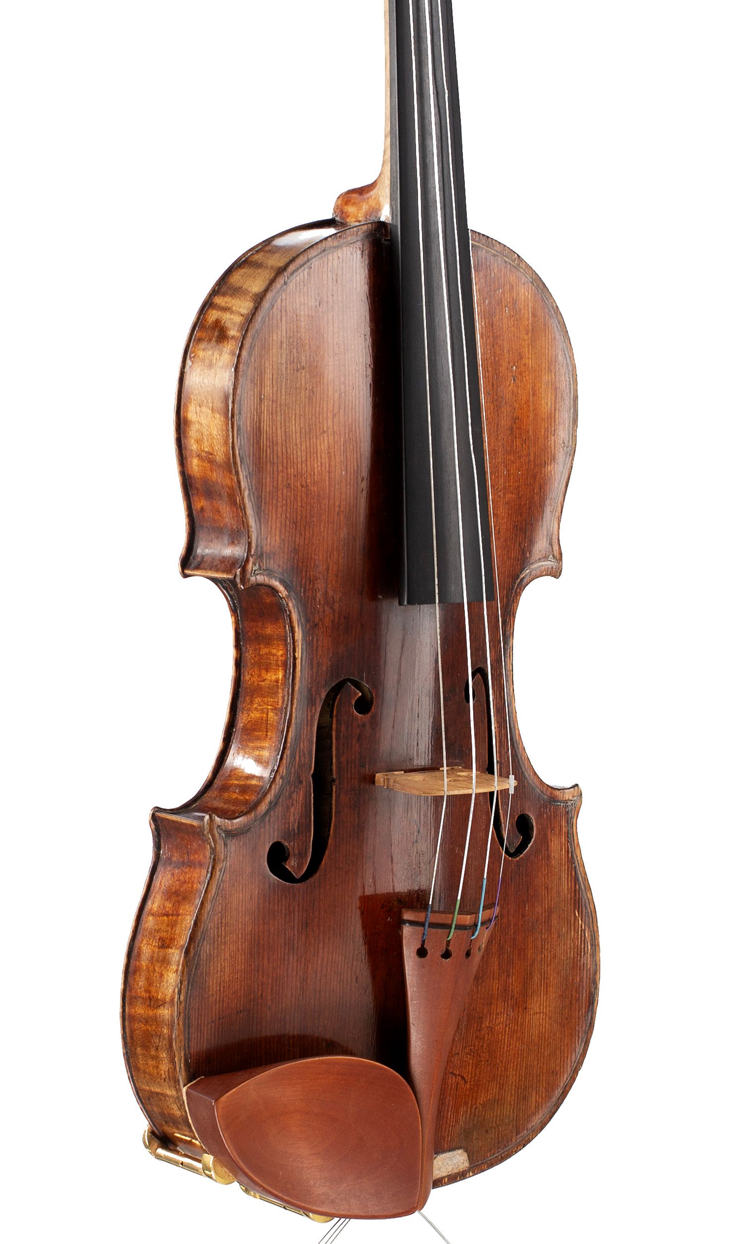 A violin by a member of the Guarneri family, ascribed to Giuseppe Filius and Giuseppe Del Gesu, Cremona, circa 1720 — angled view, 40°
