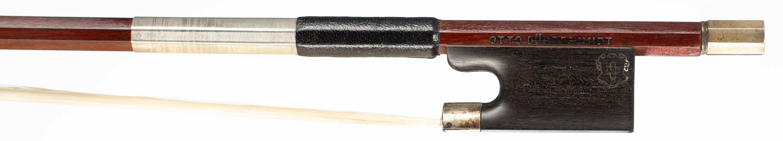 A nickel-mounted violin bow by Otto Durrschmidt — frog