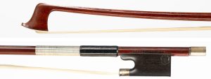A nickel-mounted violin bow by Otto Durrschmidt — head and frog
