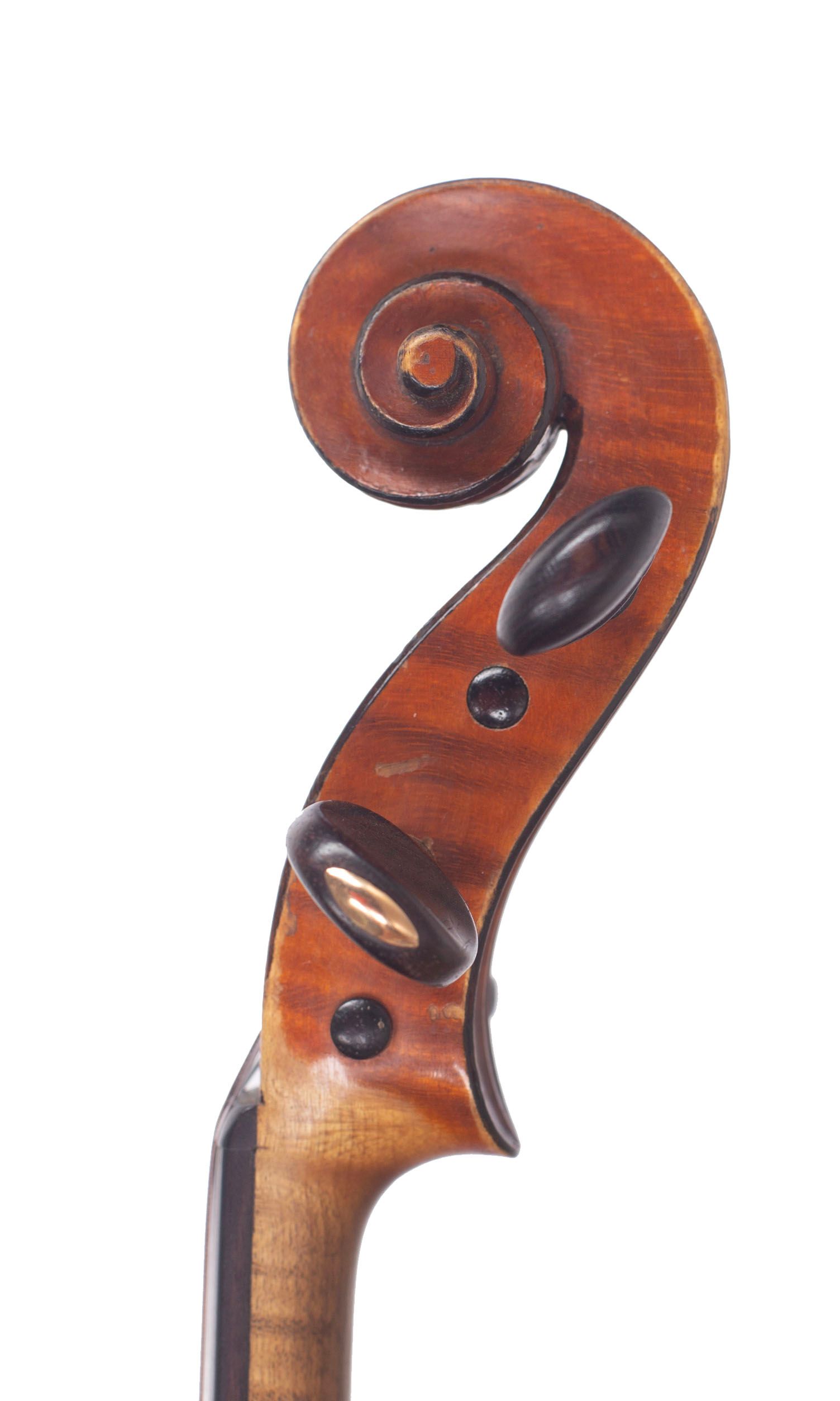 Violin by Hugues Emile Blondelet, Mirecourt, circa 1910 — scroll