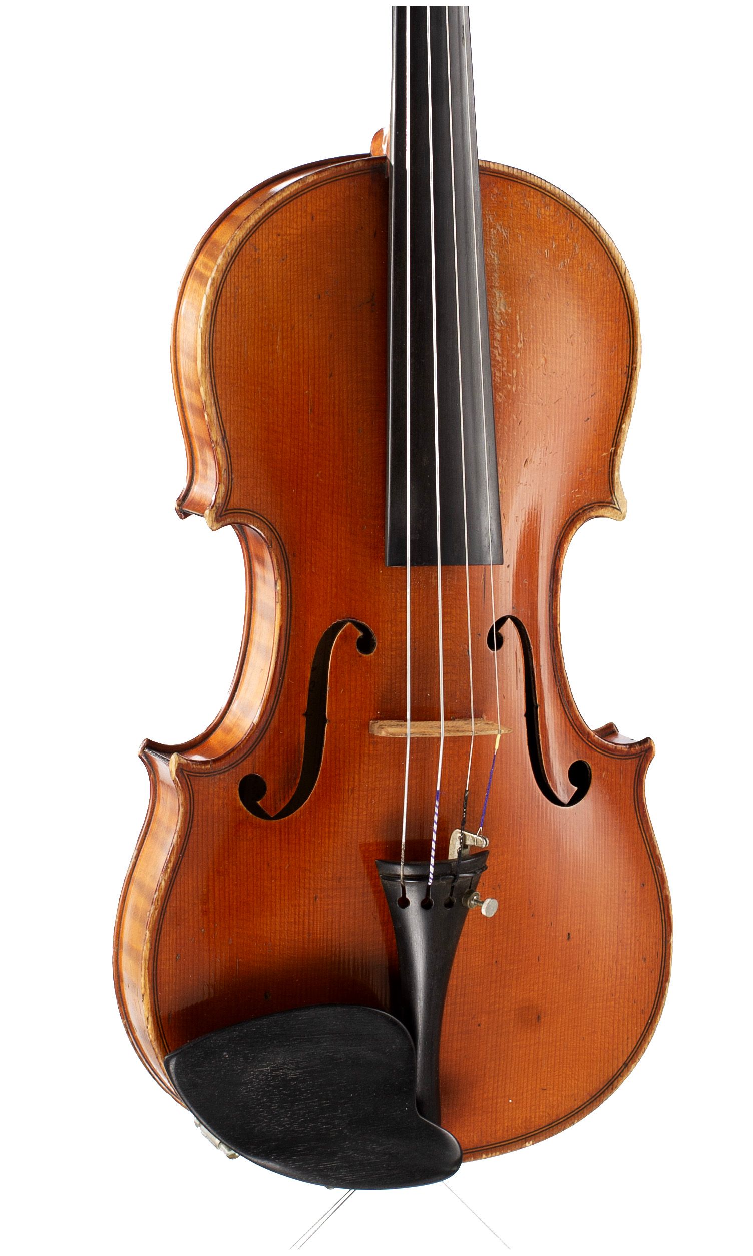 Violin by Hugues Emile Blondelet, Mirecourt, circa 1910 — angled view, 20°