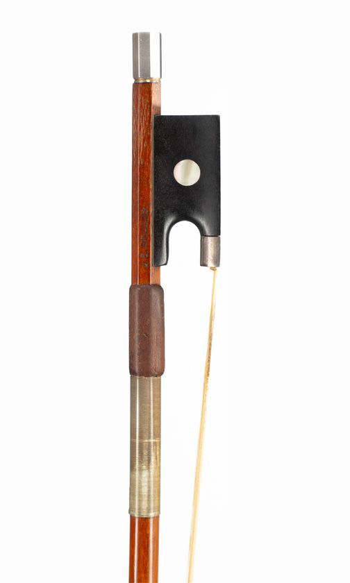 A silver-mounted violin bow by J. E. Vickers — frog detail