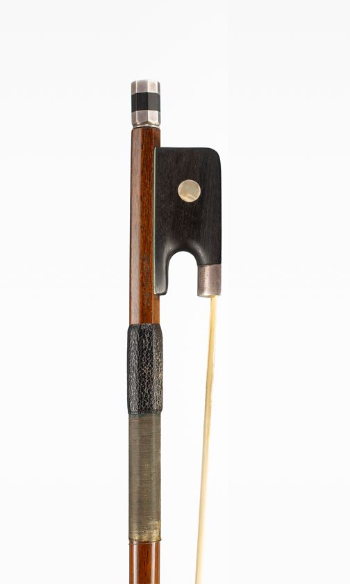 A silver-mounted cello bow by J. E. Vickers, Wisbech — frog detail