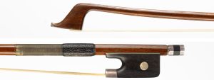 A silver-mounted cello bow by J. E. Vickers, Wisbech — head and frog