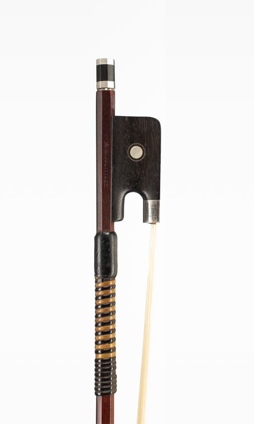 A silver-mounted viola bow by A. R. Bultitude, London — frog detail