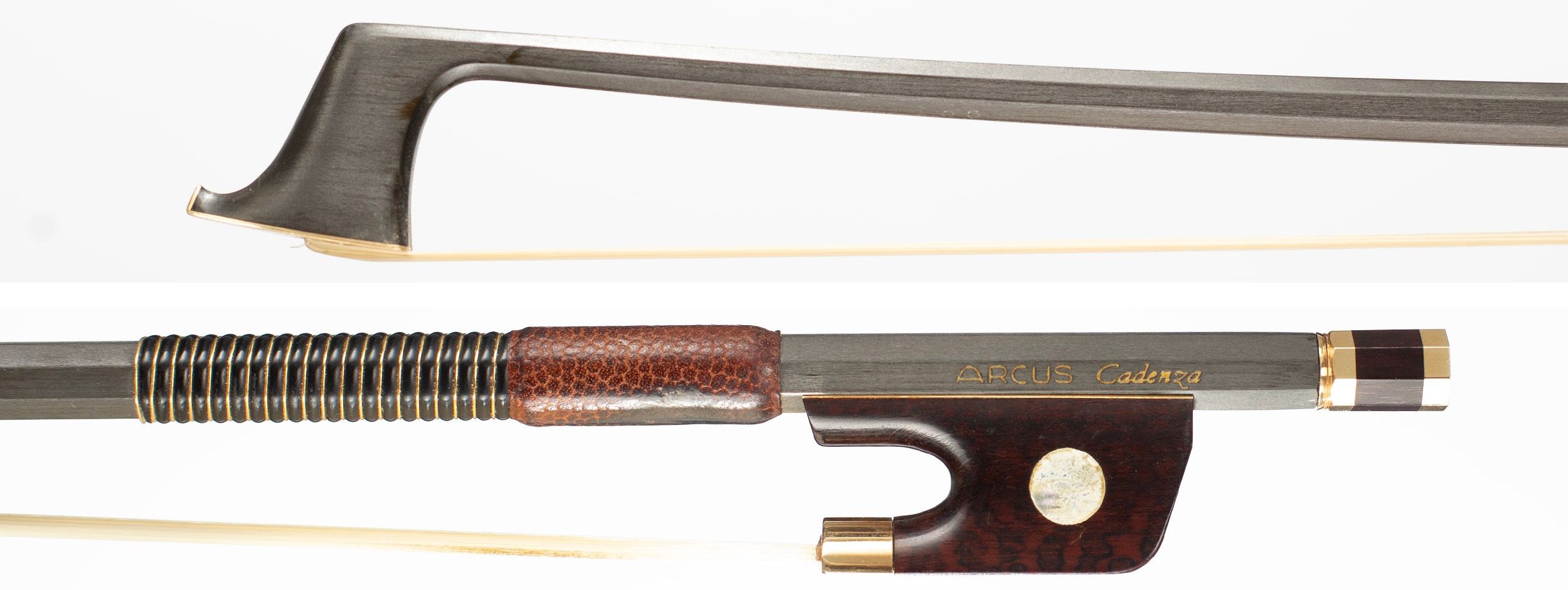 A gold-mounted carbon fibre violin bow by Arcus — head and frog