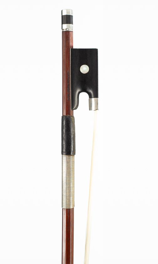 A silver-mounted violin bow by August Edwin Prager, Germany — frog detail