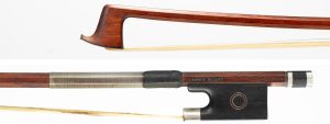 A silver-mounted viola bow by Garner Wilson — head and frog