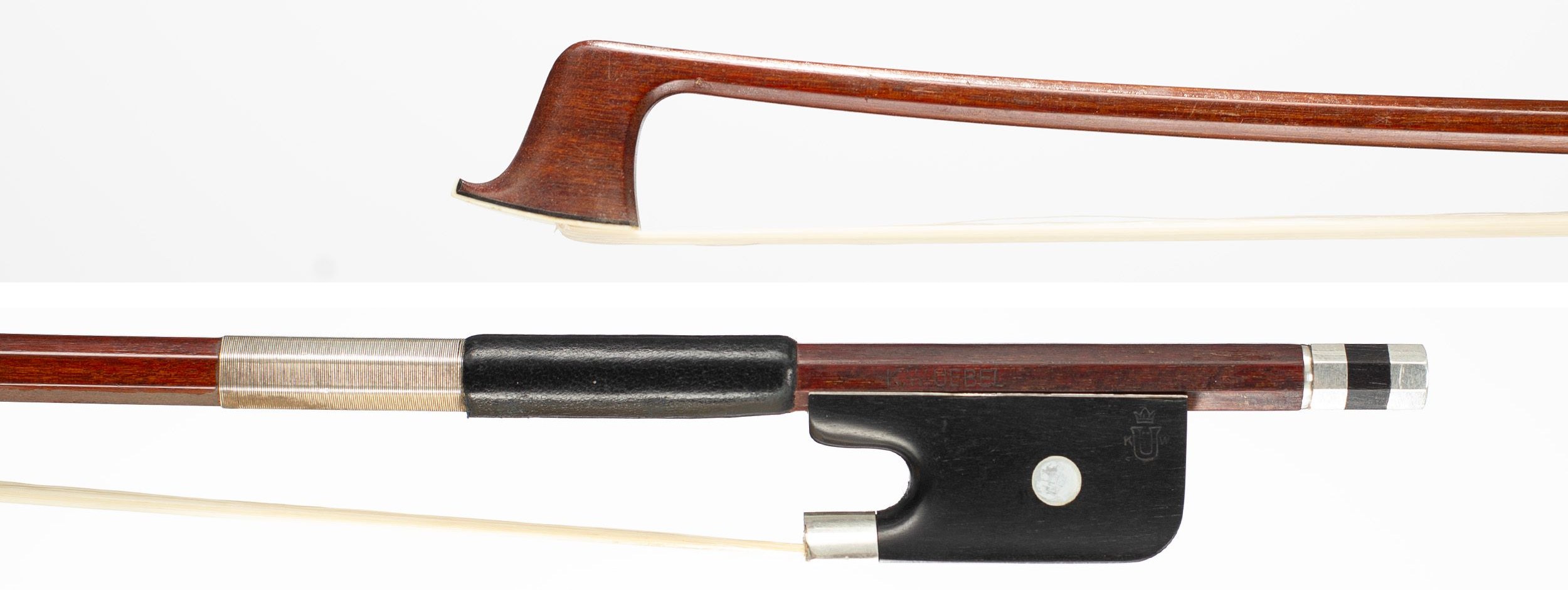 A silver-mounted viola bow by K. W. Uebel — head and frog