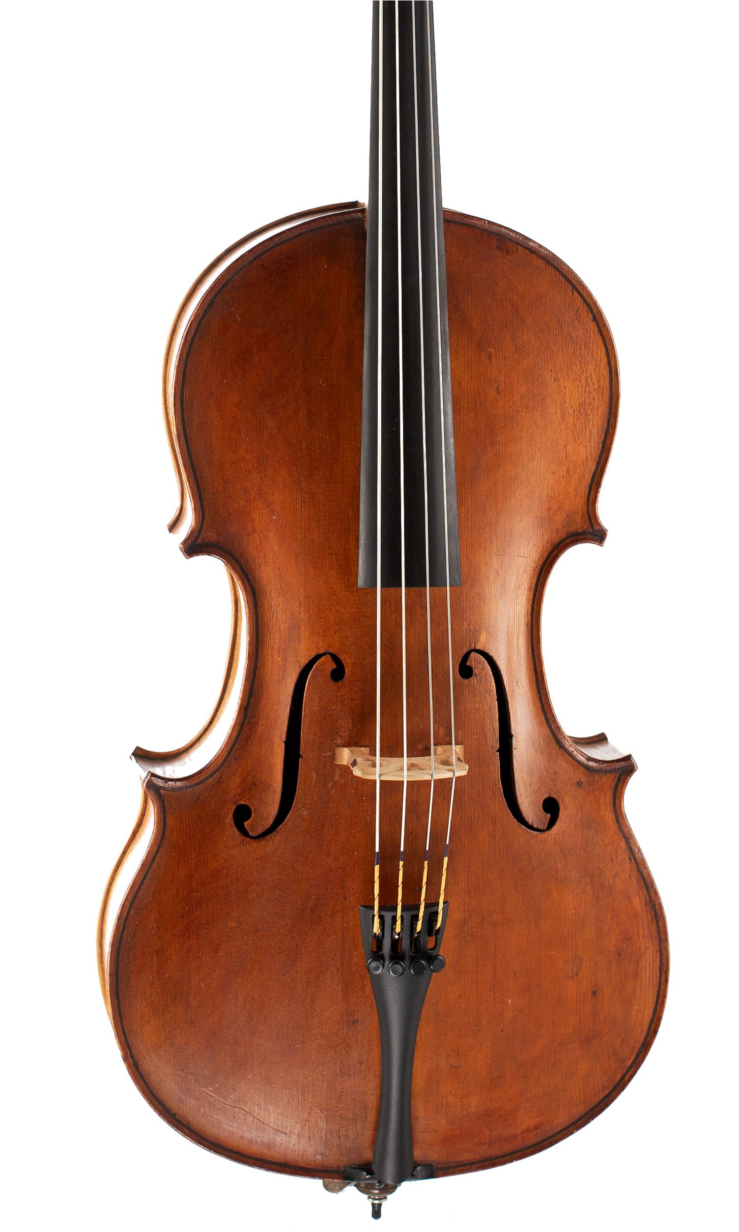 One-eighths sized cello by William Walker, Scotland, 1903 — angled view, 10°
