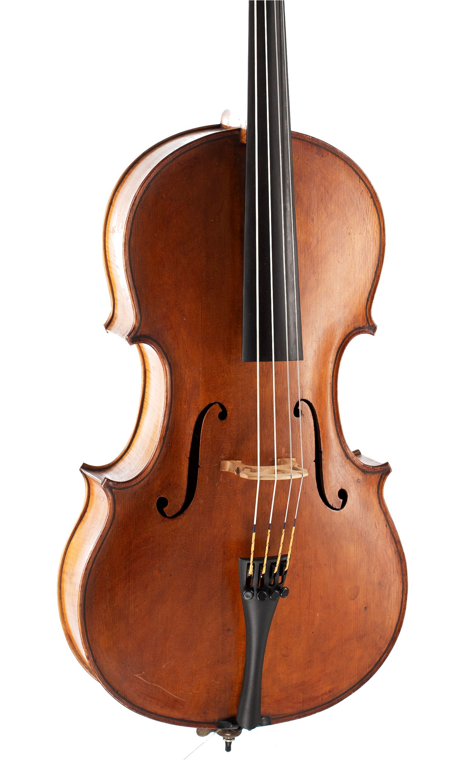 One-eighths sized cello by William Walker, Scotland, 1903 — angled view, 20°