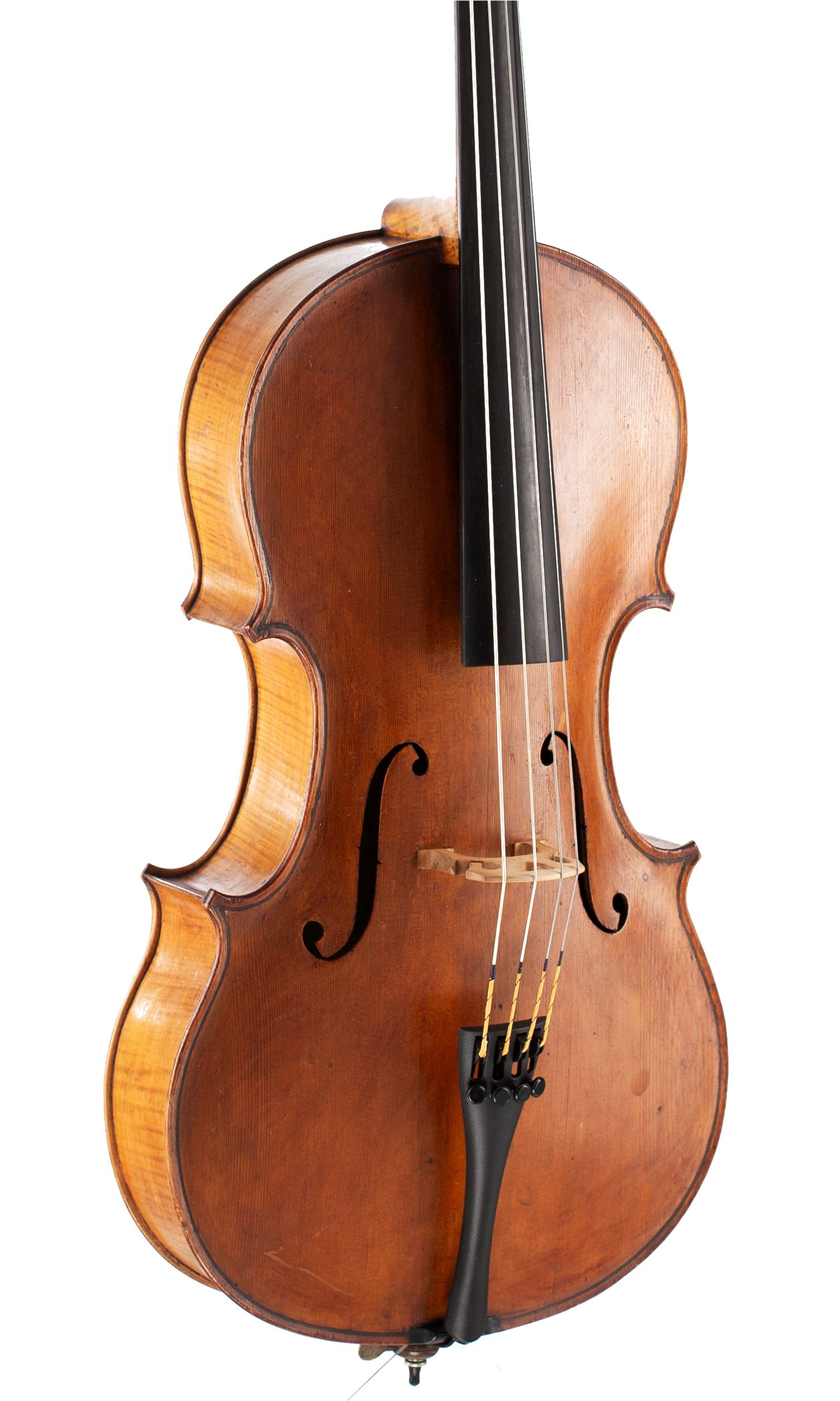 One-eighths sized cello by William Walker, Scotland, 1903 — angled view, 30°