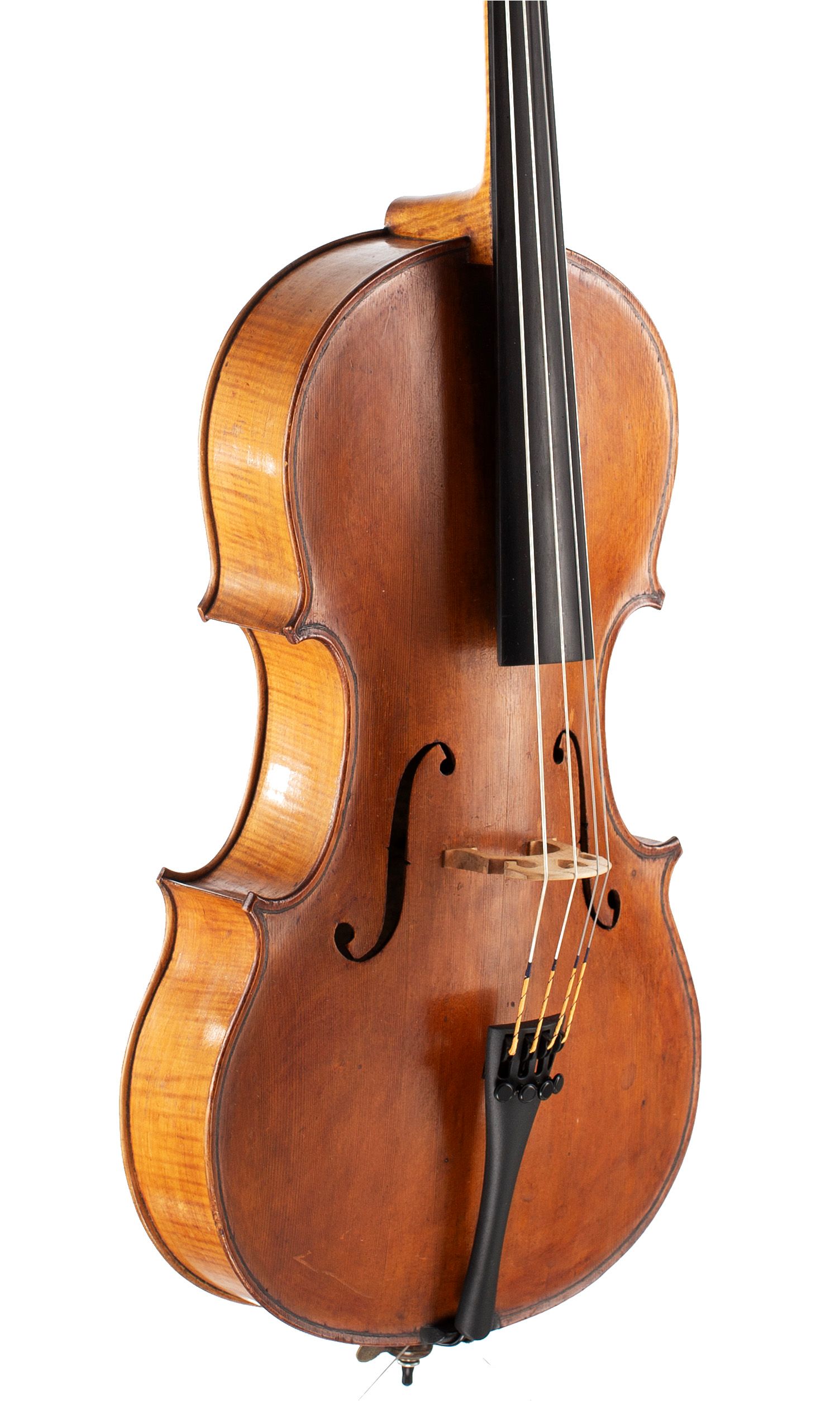One-eighths sized cello by William Walker, Scotland, 1903 — angled view, 40°