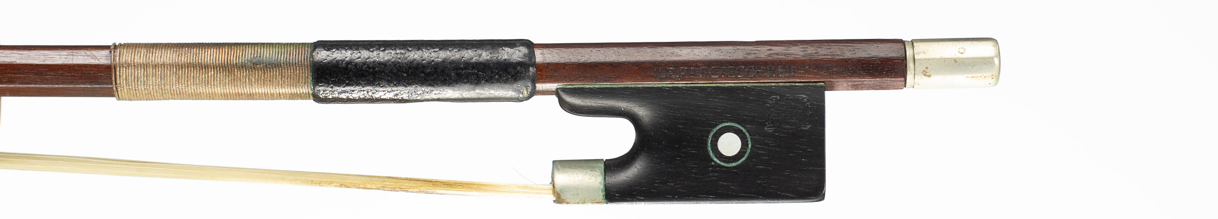 A nickel-mounted violin bow by Hermann Richard Pfretzschner, Germany, circa 1900 — frog