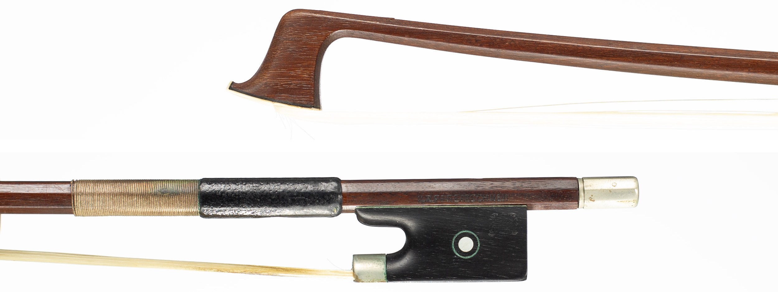A nickel-mounted violin bow by Hermann Richard Pfretzschner, Germany, circa 1900 — head and frog
