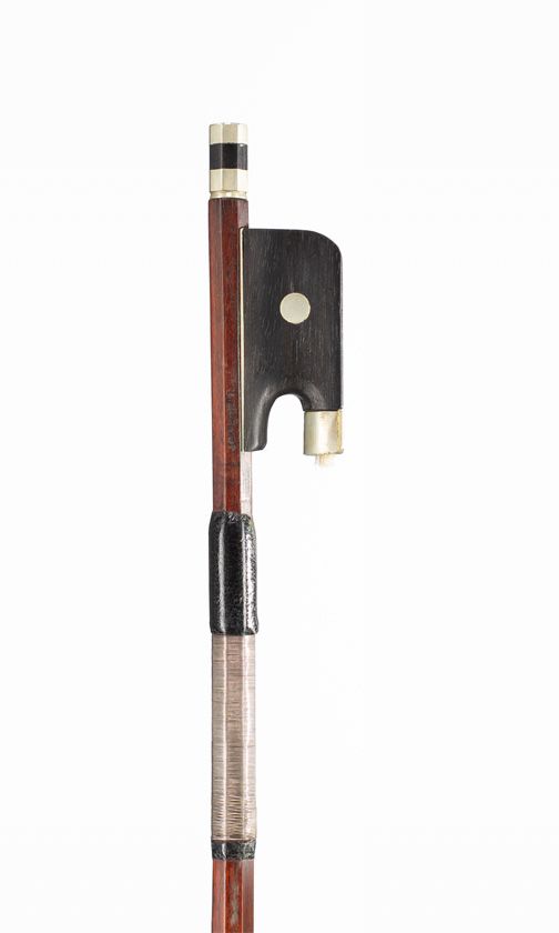A nickel-mounted viola bow by Louis Morizot, Mirecourt — frog detail