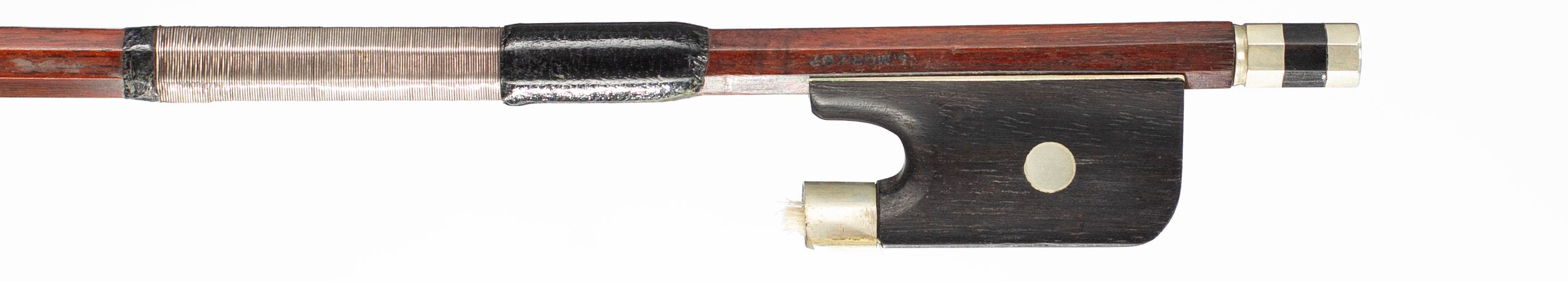 A nickel-mounted viola bow by Louis Morizot, Mirecourt — frog