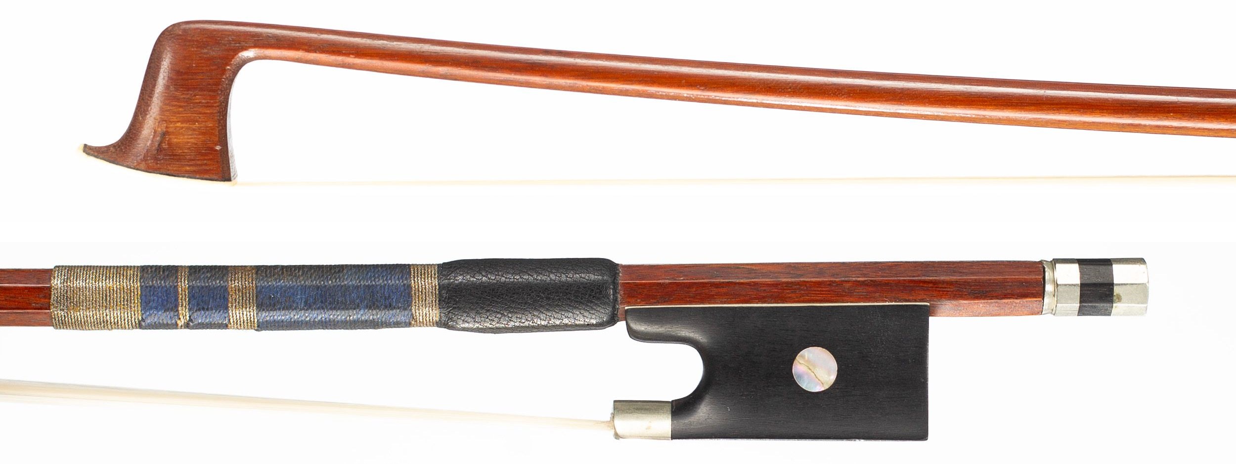 A nickel-mounted violin bow by Justin Poirson, circa 1910 — head and frog