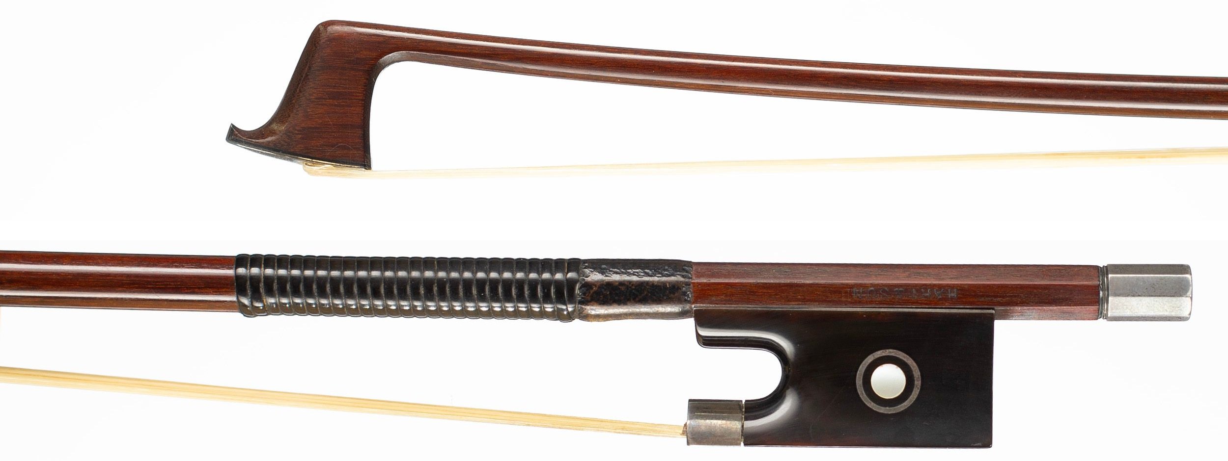 A silver and tortoiseshell-mounted violin bow by Hart & Son, London — head and frog