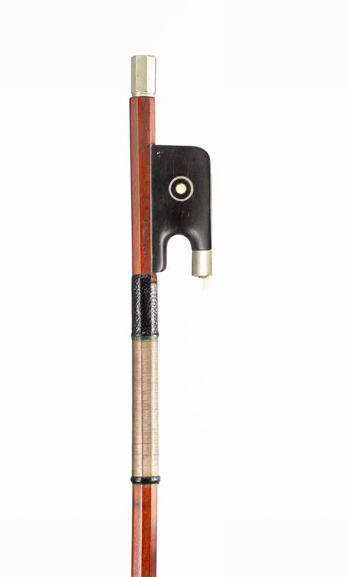 A nickel-mounted violin bow by Louis Morizot, Mirecourt — frog detail