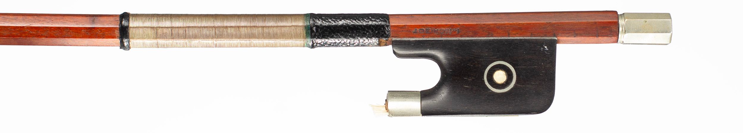 A nickel-mounted violin bow by Louis Morizot, Mirecourt — frog