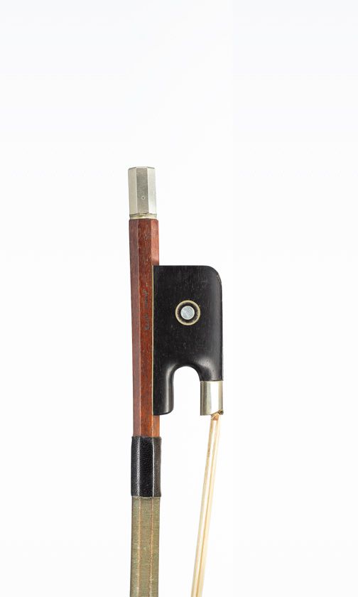 A nickel-mounted double bass bow by Roger Lotte, France — frog detail