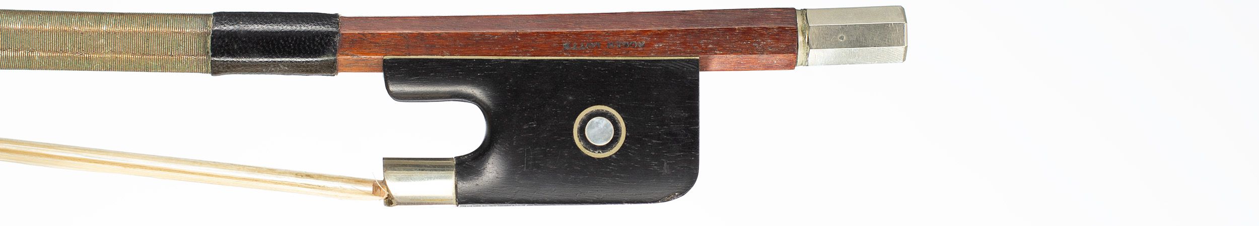 A nickel-mounted double bass bow by Roger Lotte, France — frog