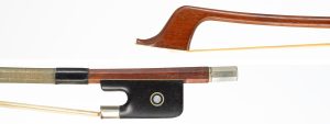 A nickel-mounted double bass bow by Roger Lotte, France — head and frog