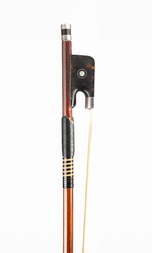 A silver and tortoiseshell-mounted cello bow by Rudolf Riedl, Schonbach, circa 1938 — frog detail