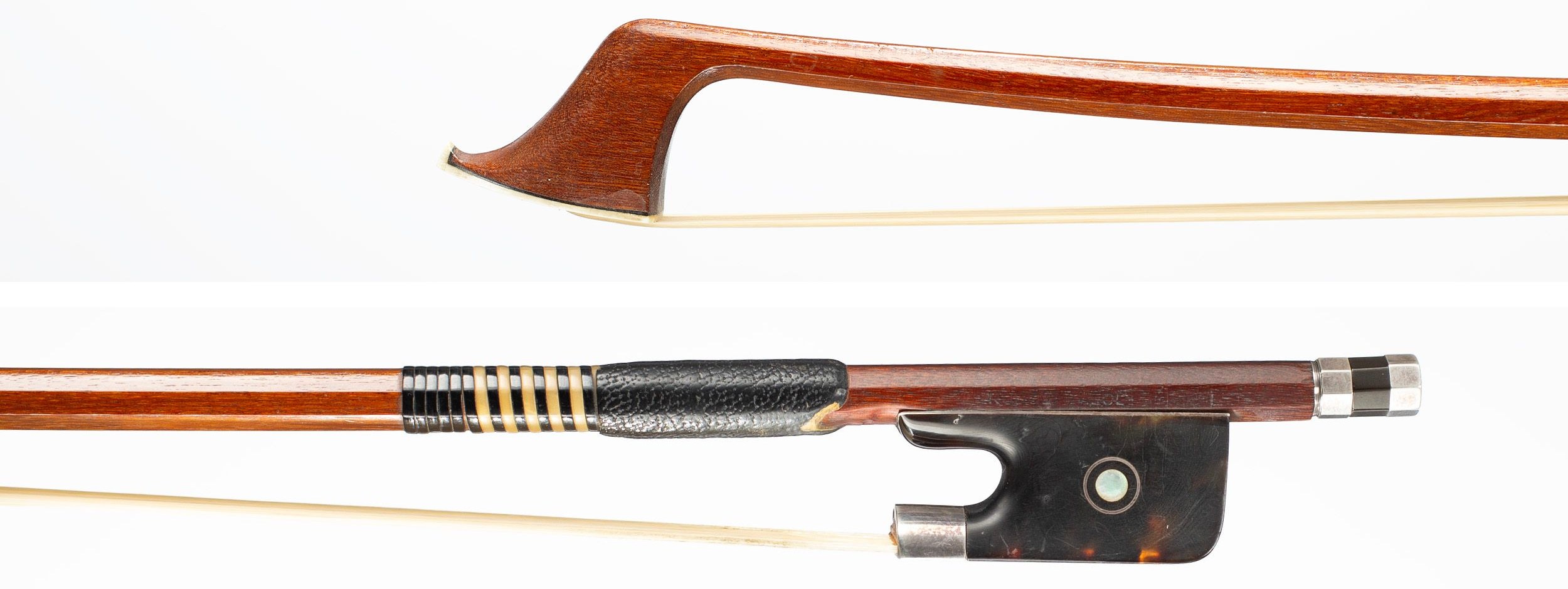 A silver and tortoiseshell-mounted cello bow by Rudolf Riedl, Schonbach, circa 1938 — head and frog
